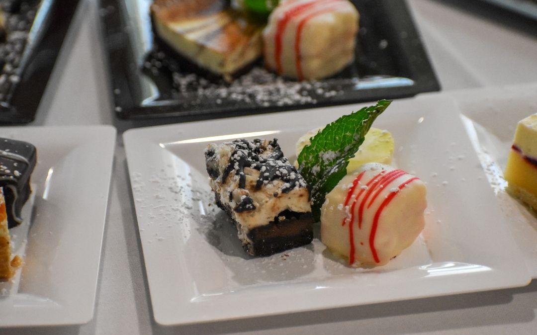 A composed dessert plate at Waters Edge dining at Willow Brook Run in Delaware, Ohio, reflecting the fine-dining experience available to senior residents.